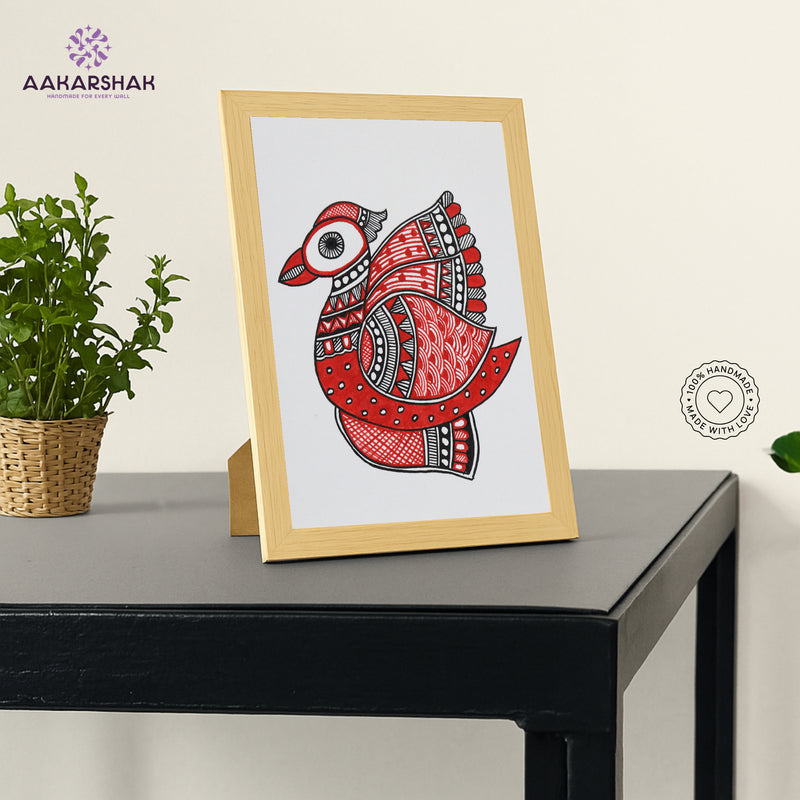Handmade Madhubani Peacock Painting 6x8 Inch Framed Indian Wall Decor
