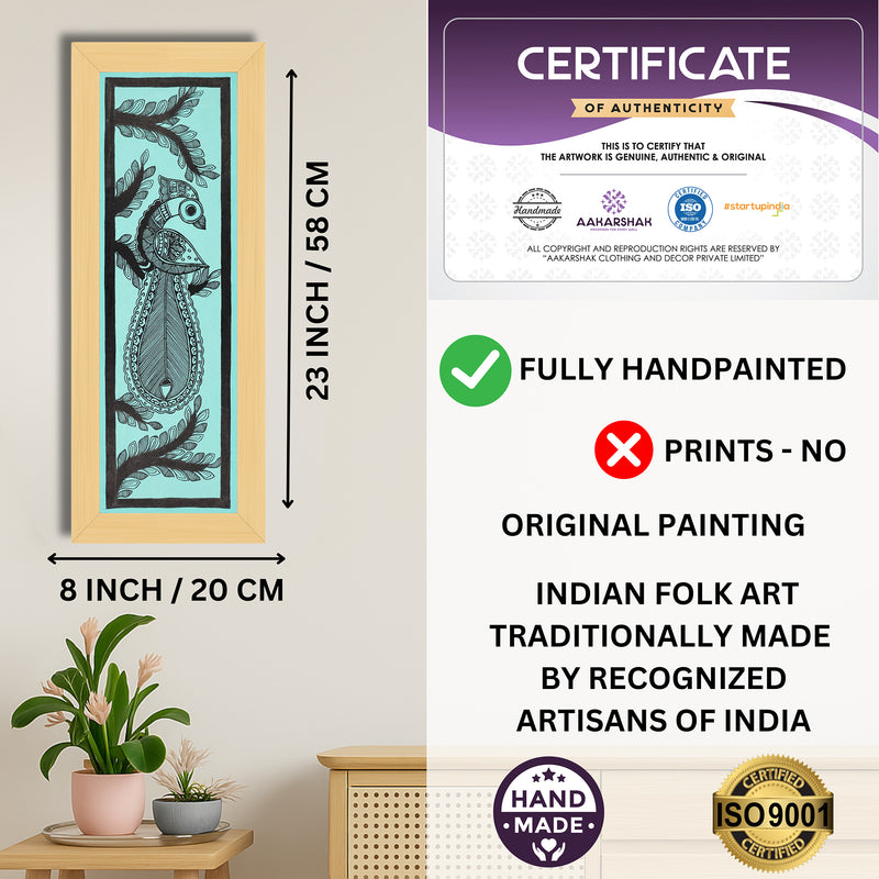Framed artwork with dimensions, authenticity certificate and handmade iso certified-peacock madhubani painting