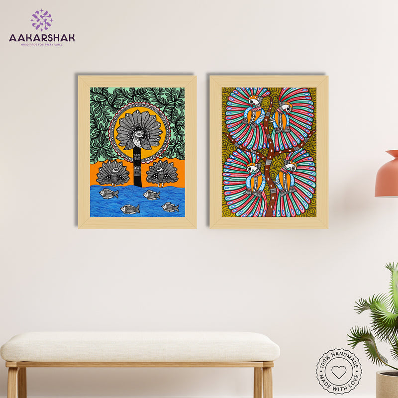 Handmade Madhubani Painting Set of 2 – Peacock 12x16