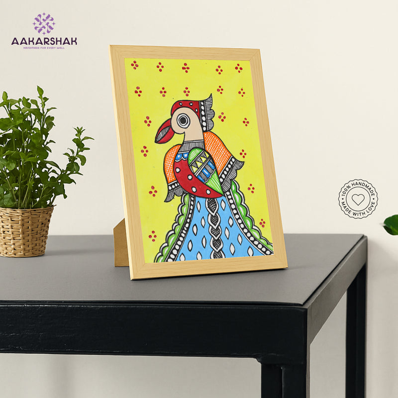 Handmade Madhubani Peacock Painting 6x8 Inch Framed Indian Wall Decor