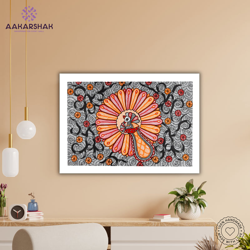 Handmade Dancing Peacock Madhubani Painting Wall Decor 17x24