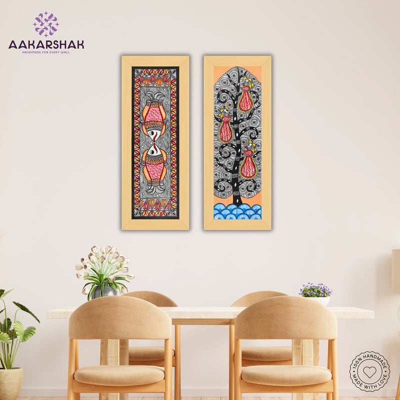 Handmade Madhubani Painting Set of 2 –Fish and Peacock Wall Decor 8x23