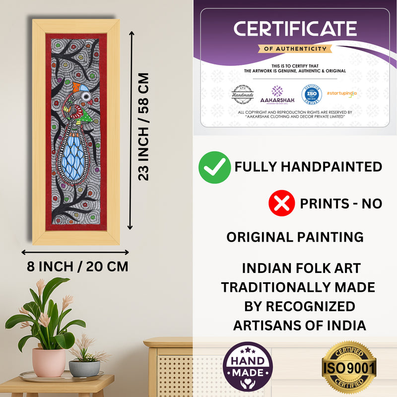 Framed artwork with dimensions, authenticity certificate and handmade iso certified-peacock madhubani painting
