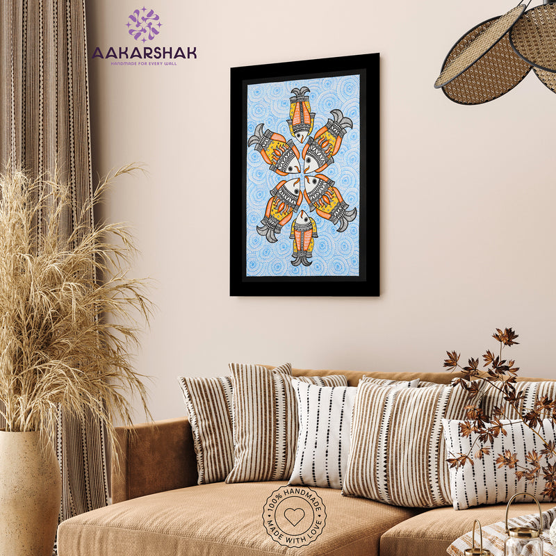 Handmade Madhubani art Fish Painting Framed Indian Wall Decor 17x24 Inch