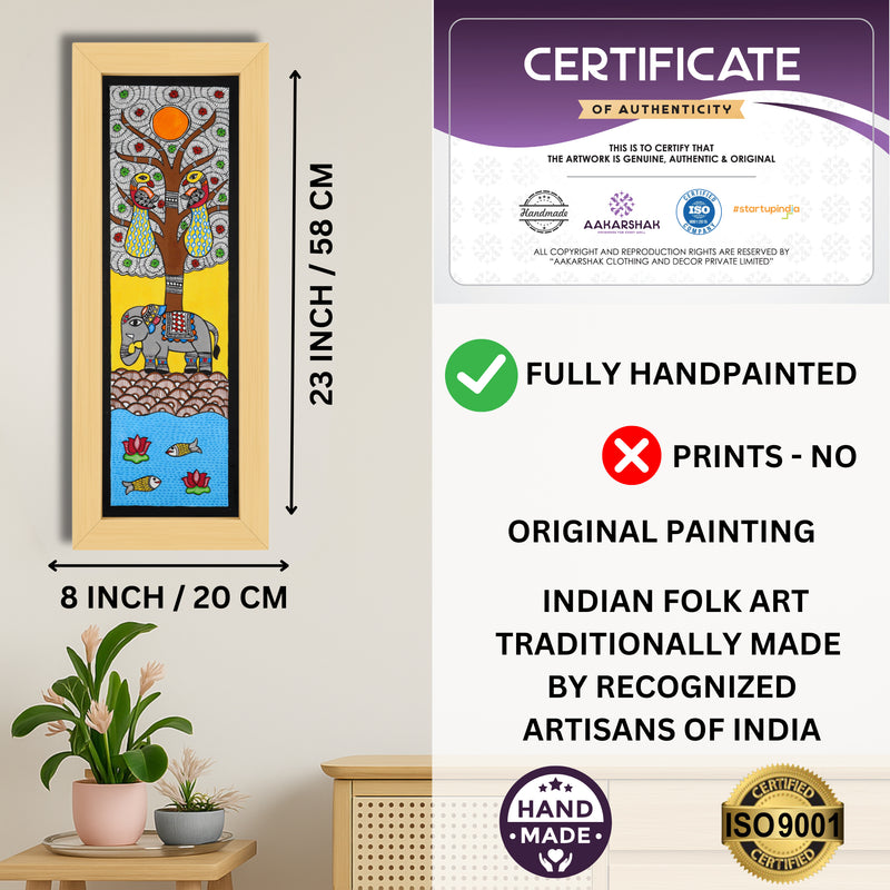 Framed artwork with dimensions, authenticity certificate and handmade iso certified-elephant madhubani painting