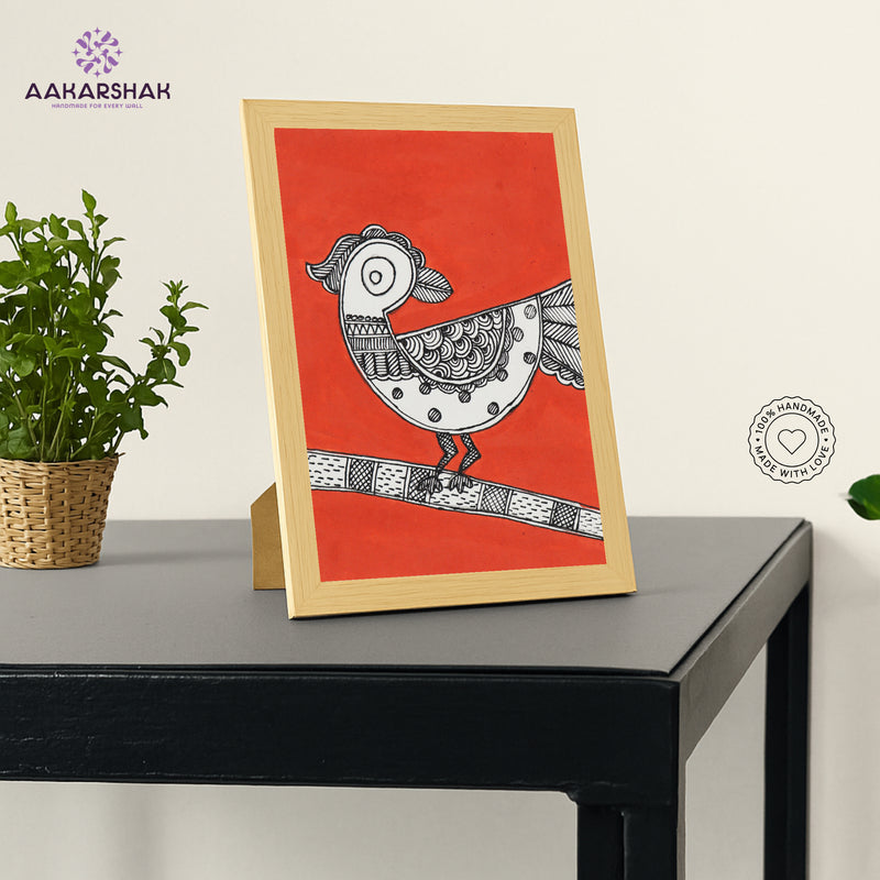 Handmade Madhubani Peacock Painting 6x8 Inch Framed Indian Wall Decor