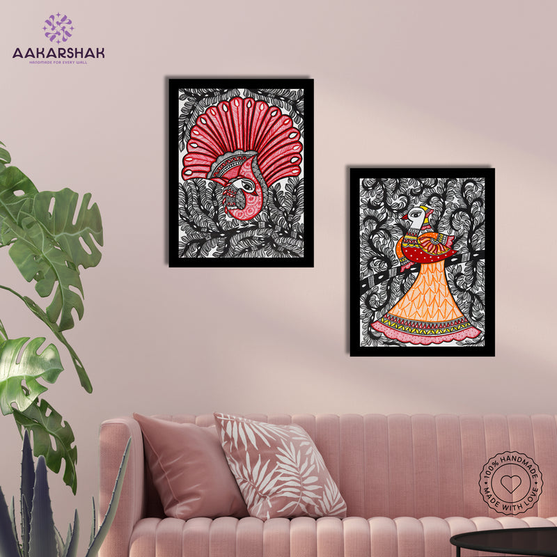 Handmade Madhubani Painting Set of 2 – Dancing peacock 12x16