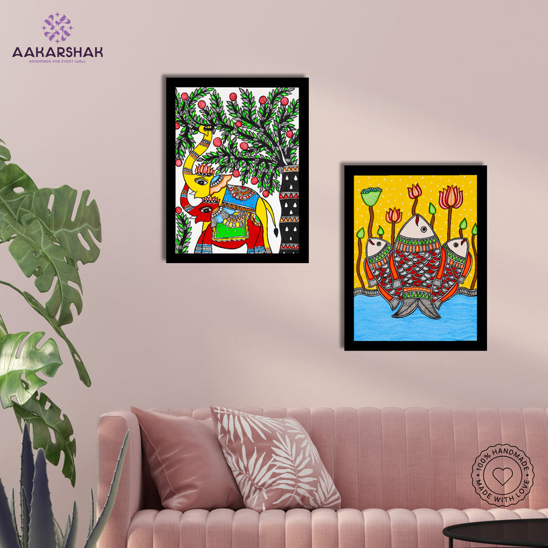 Handmade Madhubani Painting Set of 2 – Elephant and Fish 12x16