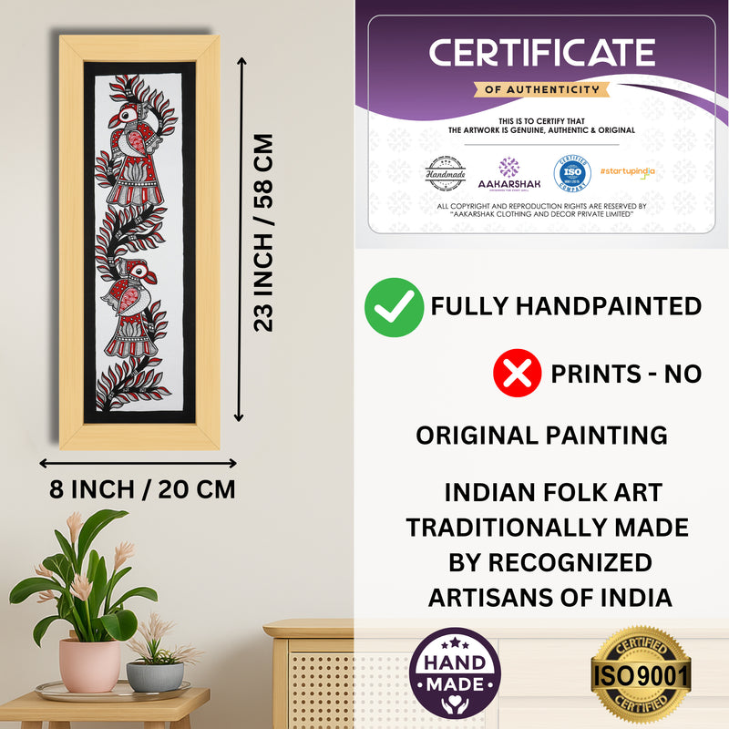 Framed artwork with dimensions, authenticity certificate and handmade iso certified-peacock madhubani painting