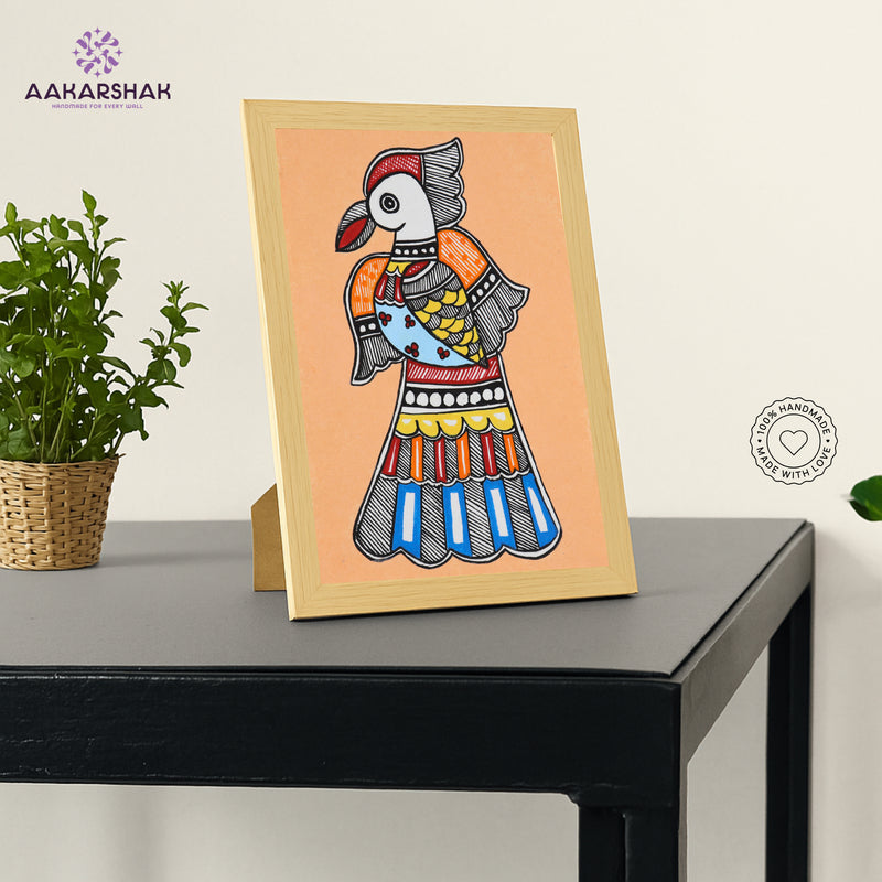 Handmade Madhubani Peacock Painting 6x8 Inch Framed Indian Wall Decor