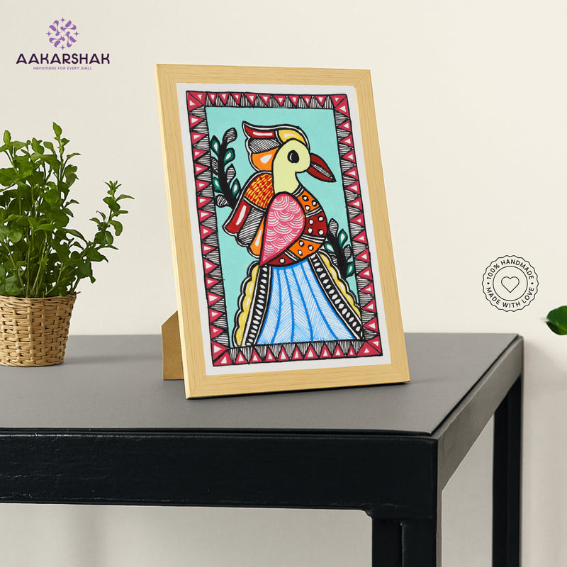 Handmade Madhubani Peacock Painting 6x8 Inch Framed Indian Wall Decor