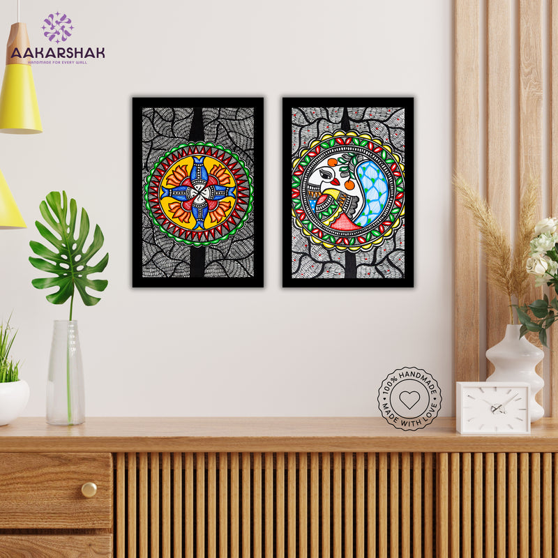 Handmade Fish and Peacock Madhubani Painting 8x12 Set of 2