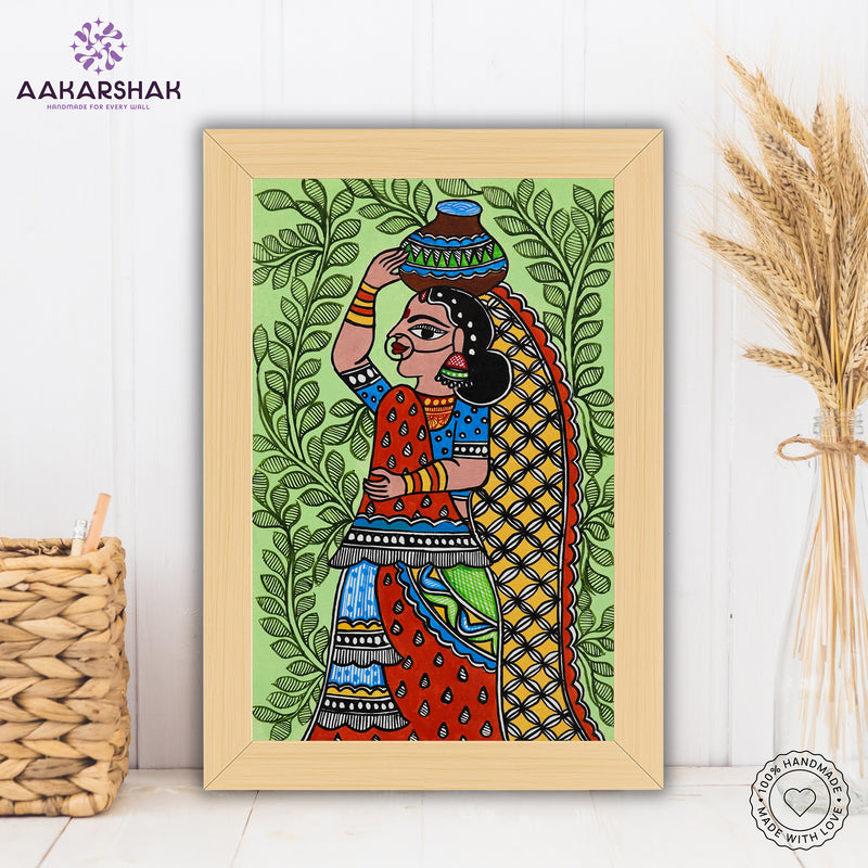 Handmade Madhubani Lady Painting 8x12 Inch Framed Indian Wall Decor