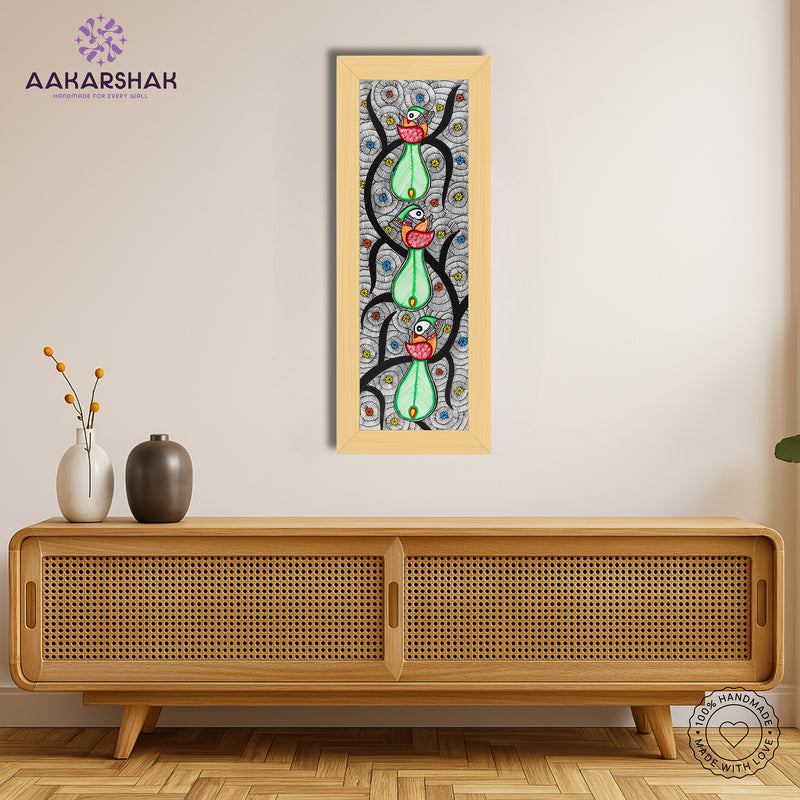 Handmade Peacock Tree of life Madhubani Painting | Wall Decor 8x23