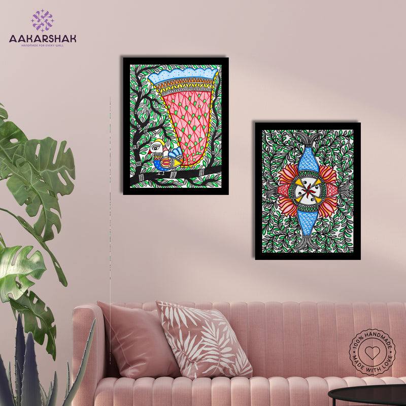 Handmade Madhubani Painting Set of 2 – Peacock and Fish 12x16