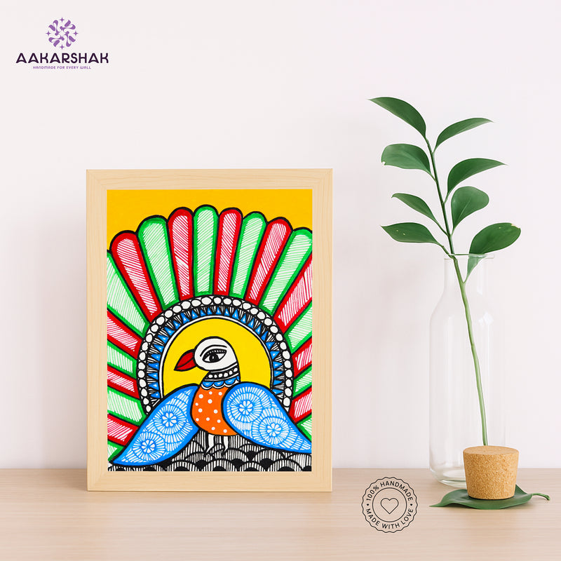 Handmade Madhubani peacock painting-with tabletop stand for home decor