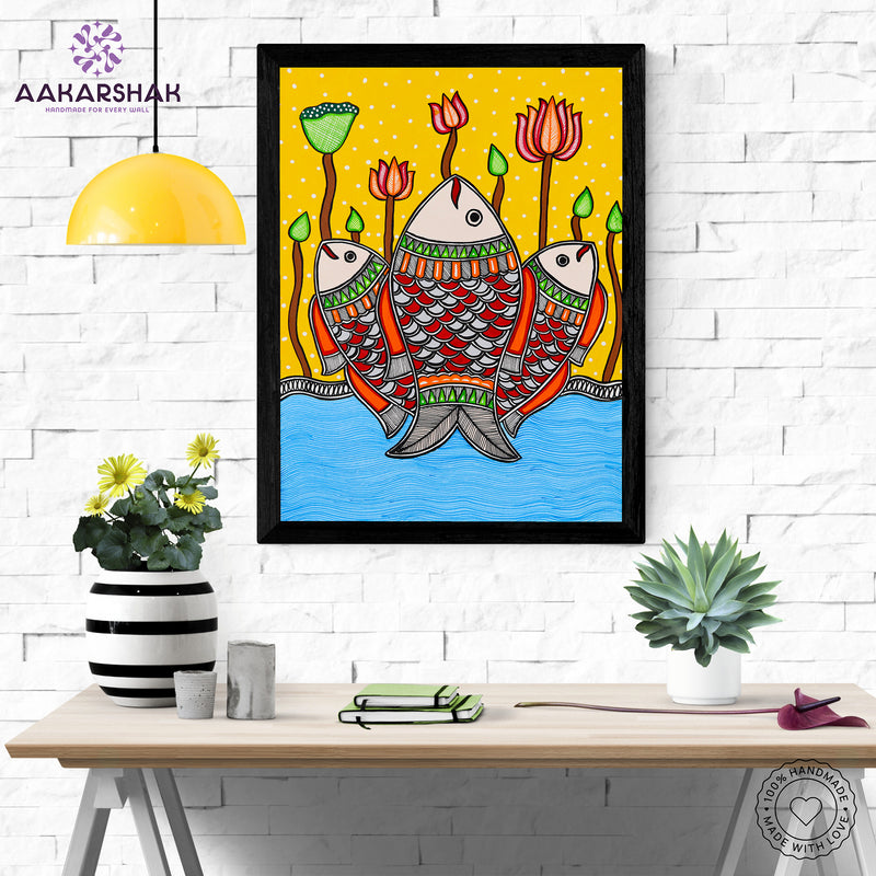 Handmade Madhubani Fish Painting 12x16 Inch Wall Decor