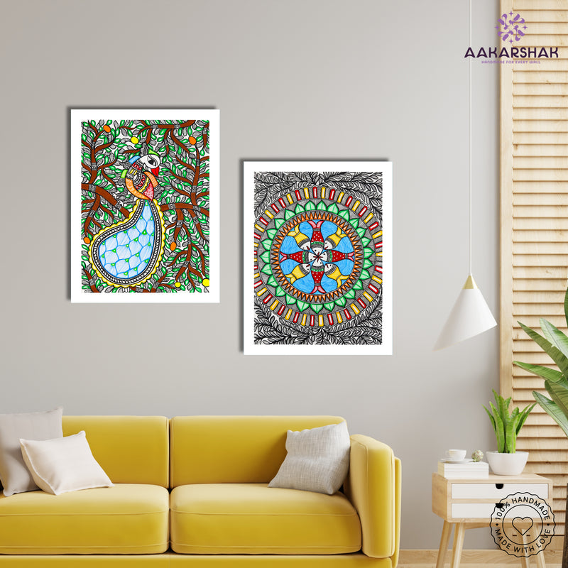 Handmade Madhubani Painting Set of 2 – Peacock and Fish 12x16