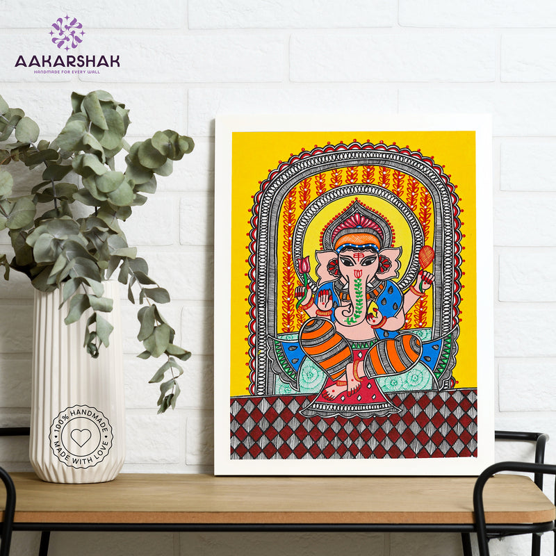 Handmade Madhubani Ganesh Painting 12x16 Inch Wall Decor