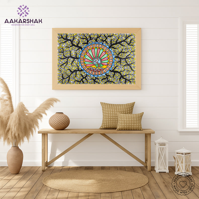 Handmade Dancing Peacock Madhubani Painting Wall Decor 17x24