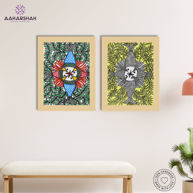 Handmade Madhubani Painting Set of 2 – Fish 12x16