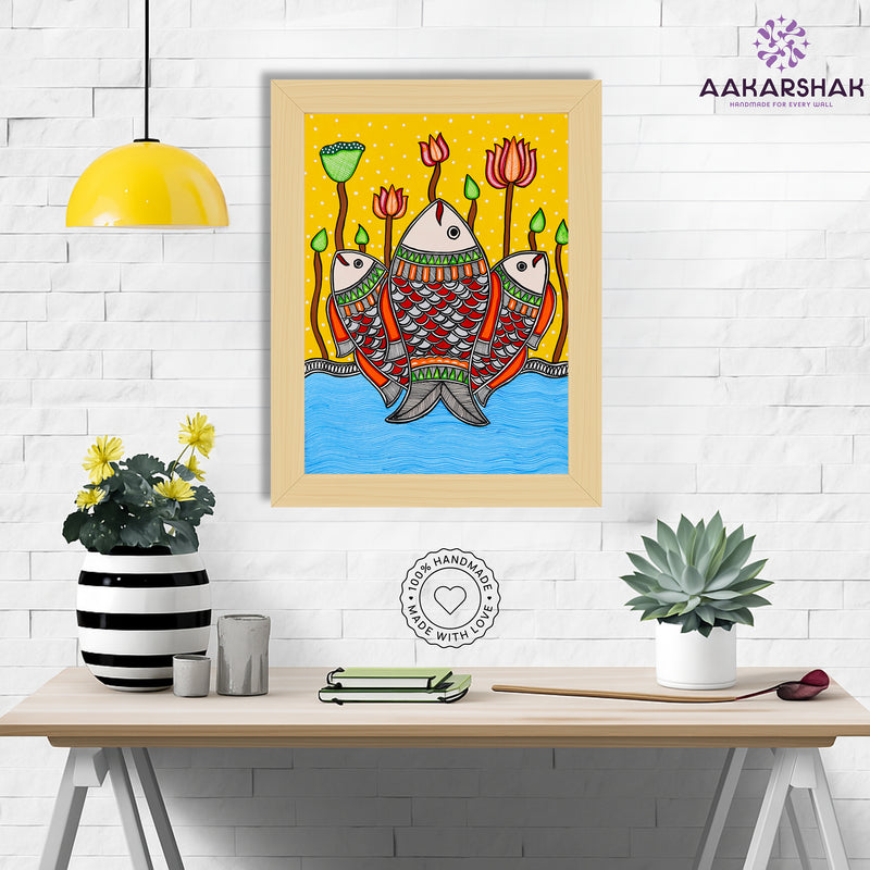 Handmade Madhubani Fish Painting 12x16 Inch Wall Decor