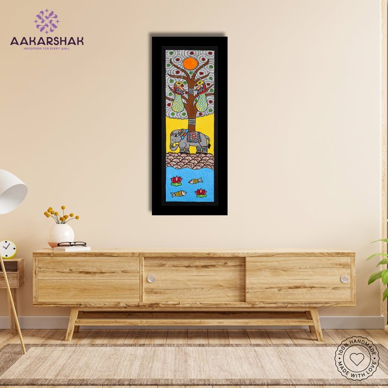 Framed artwork with elephant design -handmade madhubani painting for home decor