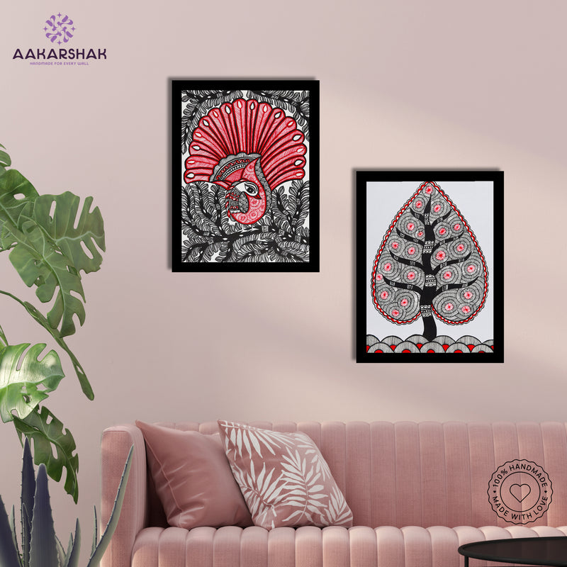 Handmade Madhubani Painting Set of 2 – Peacock and Tree of life 12x16