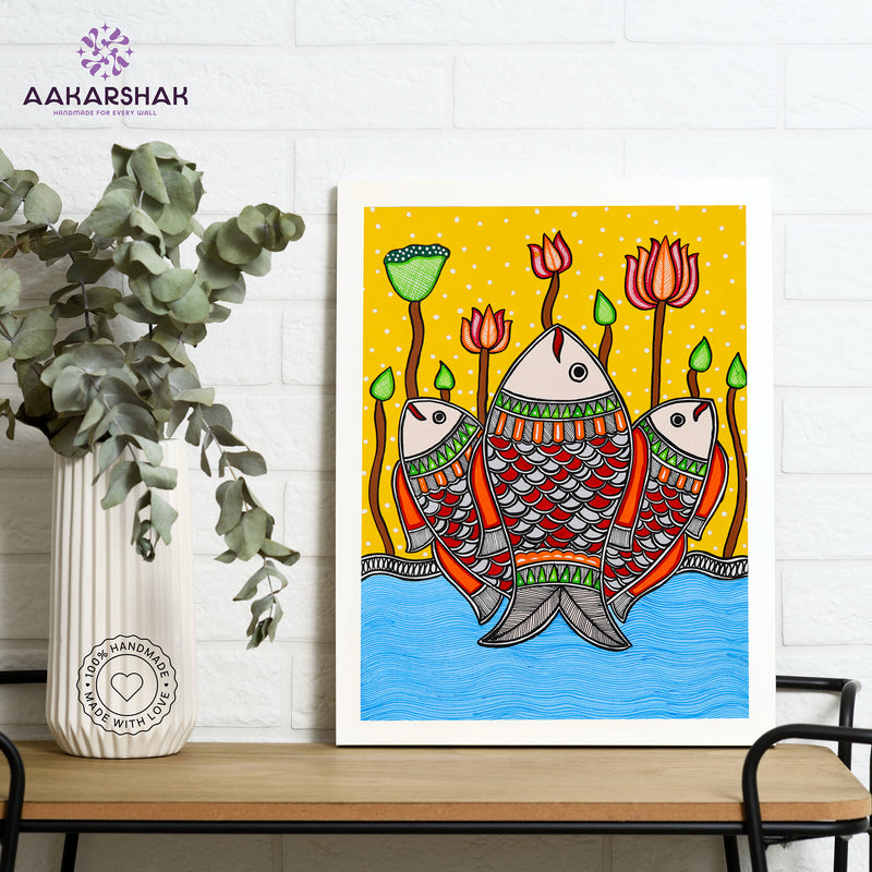 Handmade Madhubani Fish Painting 12x16 Inch Wall Decor