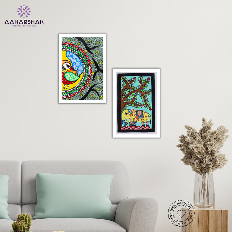 Handmade Peacock and Elephant Madhubani Painting 8x12 Set of 2
