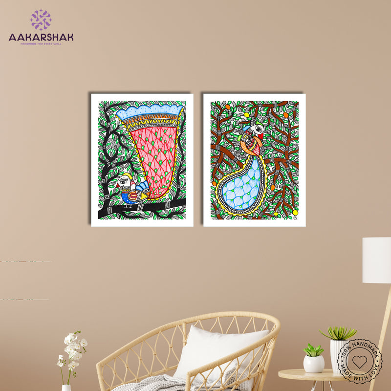 Handmade Madhubani Painting Set of 2 – Peacock 12x16