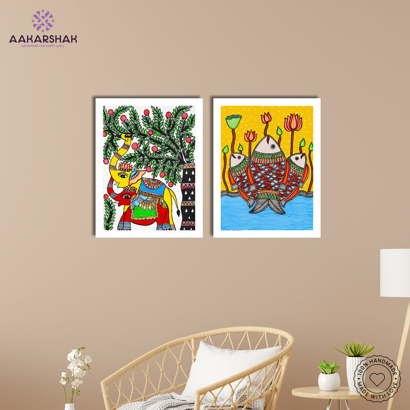 Handmade Madhubani Painting Set of 2 – Elephant and Fish 12x16