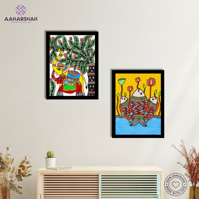 Handmade Madhubani Painting Set of 2 – Elephant and Fish 12x16