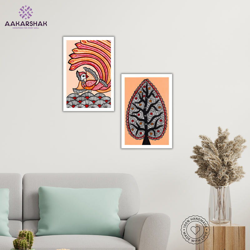 Handmade Peacock and Tree of life Madhubani Painting 8x12 Set of 2