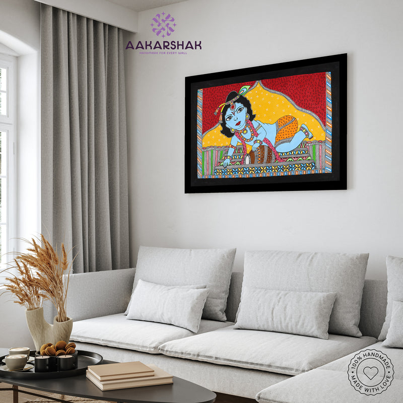Handmade Madhubani art Baal Krishna Painting Wall Decor 17x24 Inch