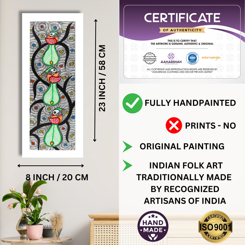 Handmade Peacock Tree of life Madhubani Painting | Wall Decor 8x23