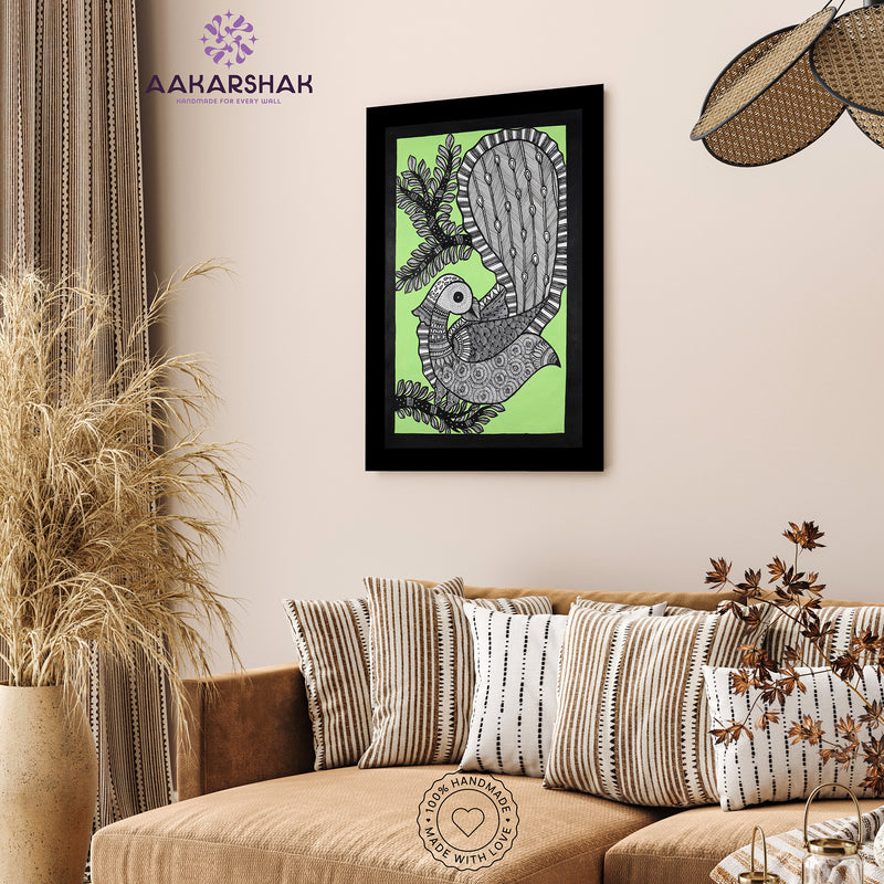 Handmade Madhubani art Peacock Painting Framed Indian Wall Decor 17x24 Inch