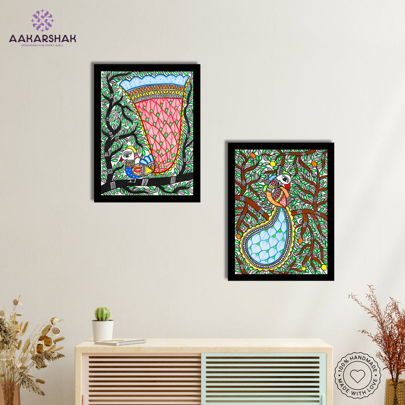 Handmade Madhubani Painting Set of 2 – Peacock 12x16