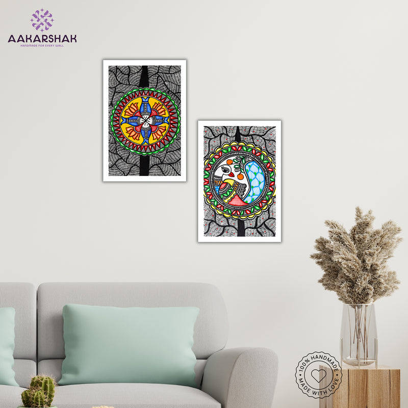 Handmade Fish and Peacock Madhubani Painting 8x12 Set of 2