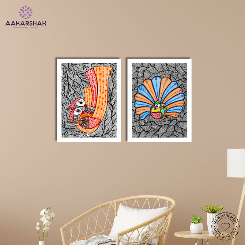 Handmade Madhubani Painting Set of 2 – Peacock 12x16