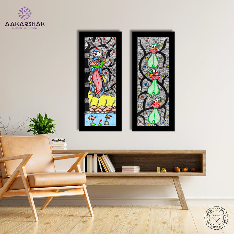 Handmade Madhubani Painting Set of 2 – Peacock and Peacock Wall Decor 8x23