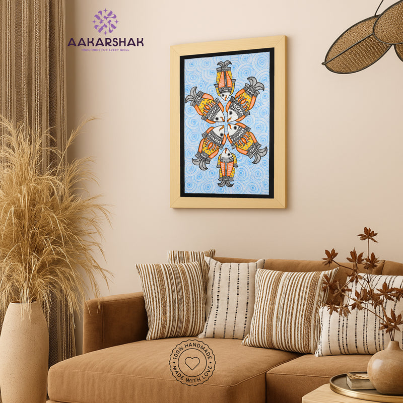Handmade Madhubani art Fish Painting Framed Indian Wall Decor 17x24 Inch