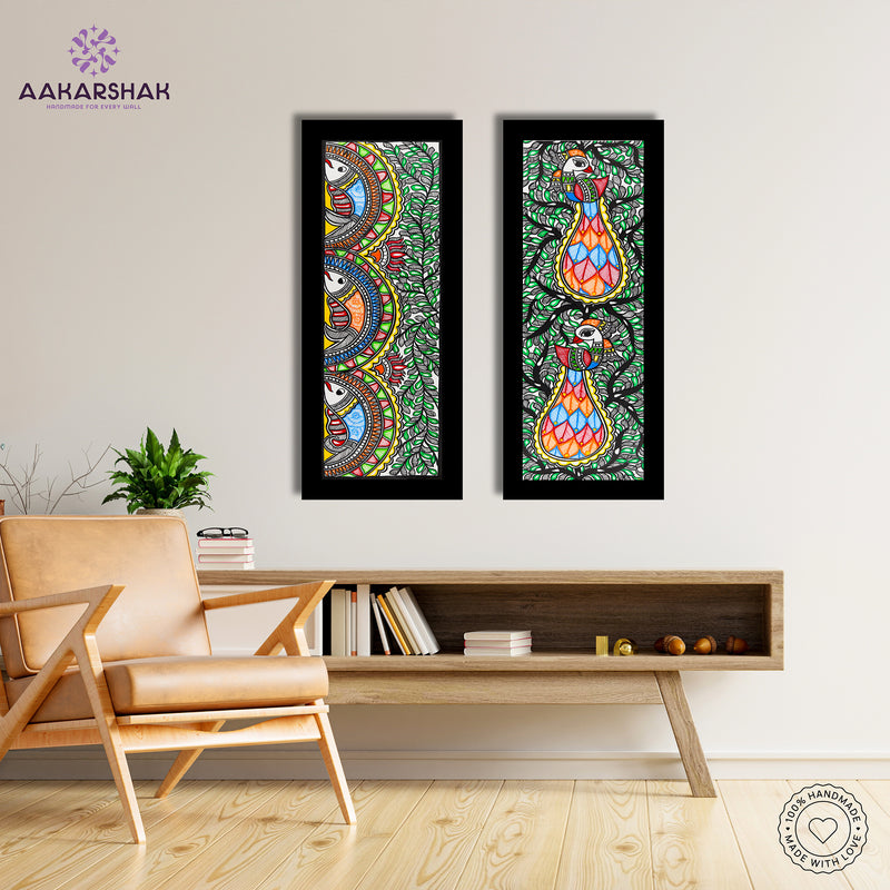 Handmade Madhubani Painting Set of 2 – Fish & Peacock Wall Decor 8x23