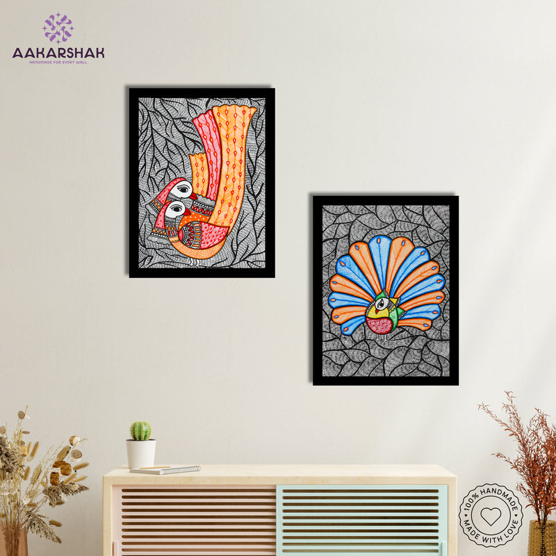 Handmade Madhubani Painting Set of 2 – Peacock 12x16
