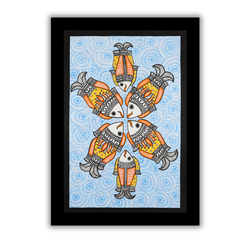 Handmade Madhubani art Fish Painting Framed Indian Wall Decor 17x24 Inch
