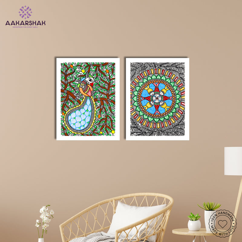 Handmade Madhubani Painting Set of 2 – Peacock and Fish 12x16