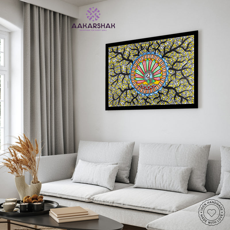 Handmade Dancing Peacock Madhubani Painting Wall Decor 17x24