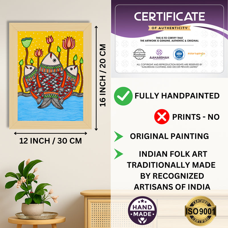 Handmade Madhubani Fish Painting 12x16 Inch Wall Decor