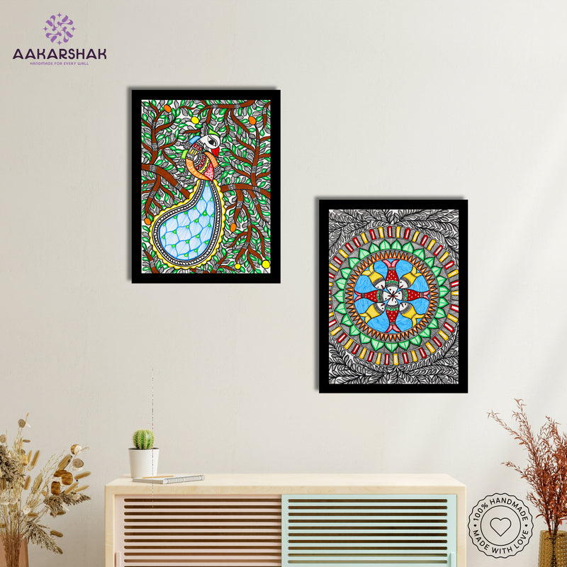 Handmade Madhubani Painting Set of 2 – Peacock and Fish 12x16