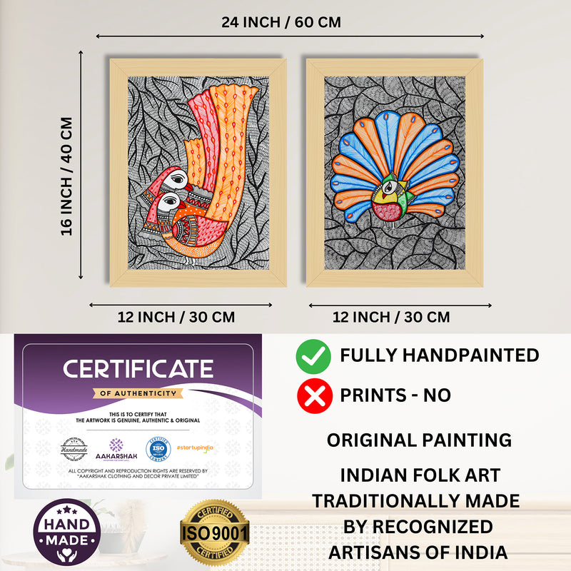 Handmade Madhubani Painting Set of 2 – Peacock 12x16